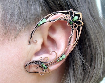 Copper Elf Ear Cuffs Ptelea Beaded Elvish Ear Wrap, Large earrings no  Piercing