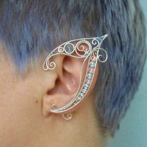 Pair of elf ear cuffs Venus  with pink and blue beads, metal elf ears, Fairy ear cuffs, Ear cuff no piercing, elvish ear wrap