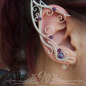 Elven ear cuffs Eternal - pair of silver tone elf ears, purple beaded elvish ears, single earring no piercing, fairy mermaid metal ears