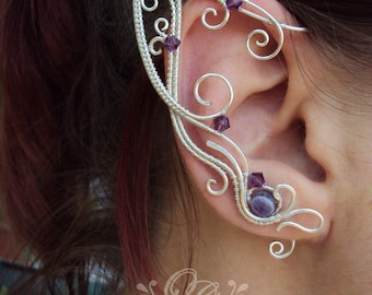 Elven ear cuffs Eternal - pair of silver tone elf ears, purple beaded elvish ears, single earring no piercing, fairy mermaid metal ears