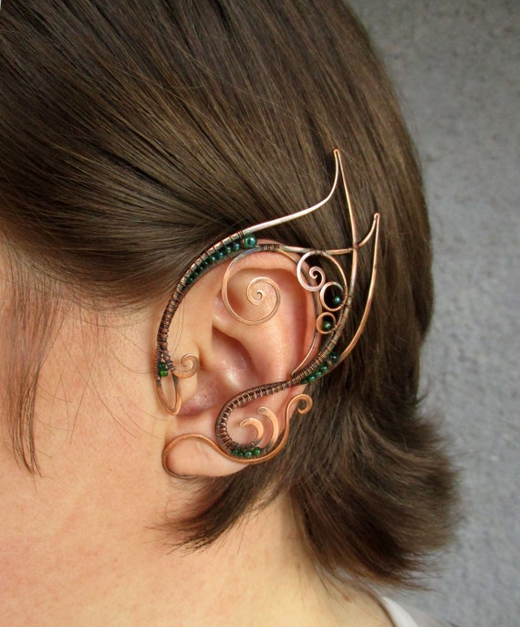 Copper Elf Ear Cuffs Medeina: Beaded Fairy Ear Wrap, No Piercing