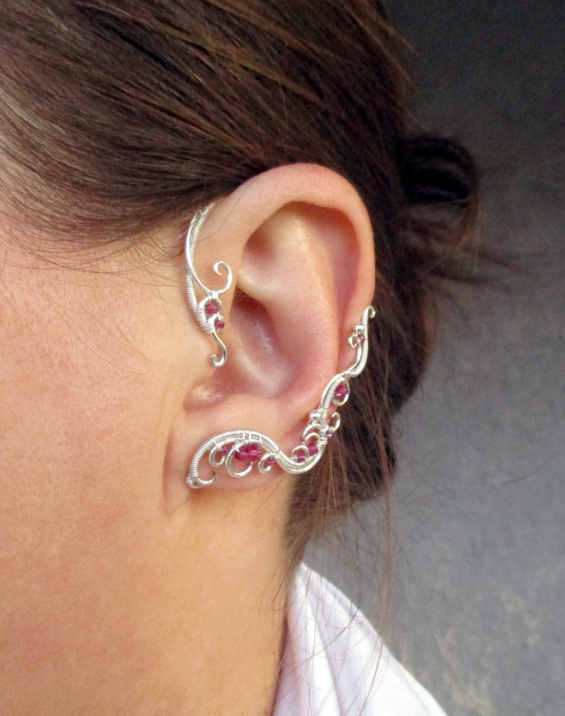 Ear Waps Pink Beaded Ear Cuffs Vine - Pink Ruby Ear Cuffs - Elf Earrings - Ear ...