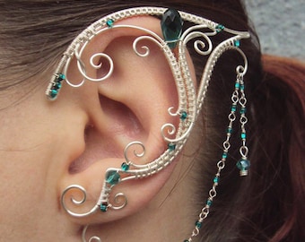 Dangling elven ear cuffs Emerald love