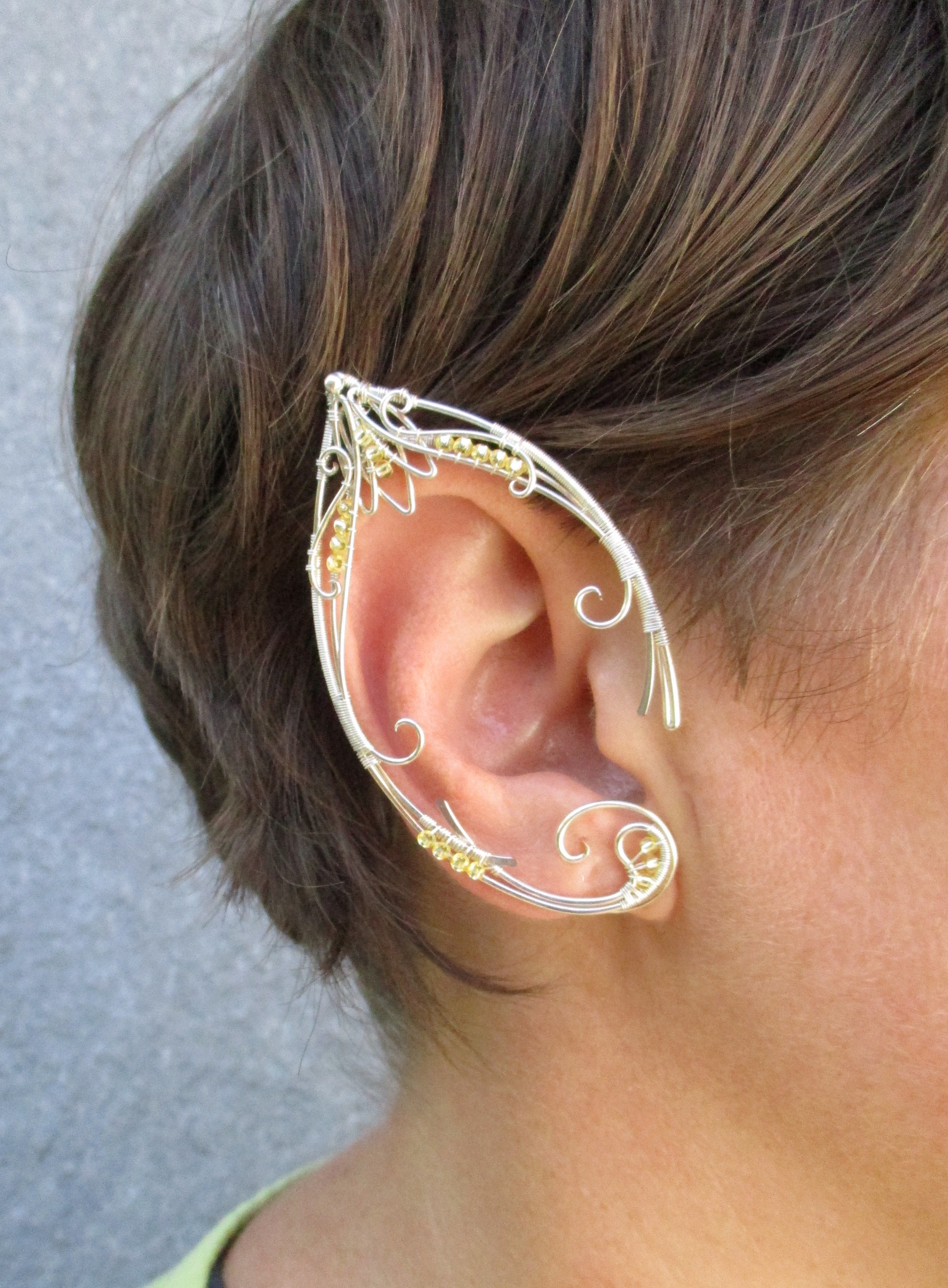 Pair Elf Ear Cuffs Sol Ear Wraps With Yellow Beads Metal Elvish