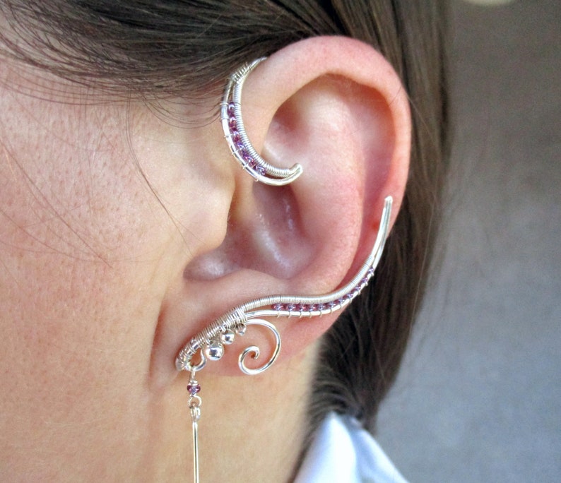 Purple dangling earcuffs Iris Ear cuffs Elf earrings Etsy