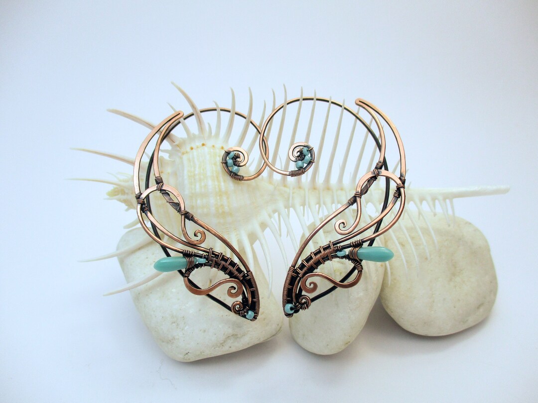 Pair of Copper Ear Cuffs With Turquoise Color Beads Hathor - Etsy