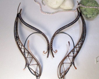 Copper Elf Ear Cuffs Demeter:  Extra Long Elven Earrings with Pale  Beads, No Pearcing
