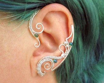Ear wraps Nemetres- Silver ear cuffs with green beads, Single ear cuff, Earrings no piercing, Big ear crawler, Fairy cosplay costume