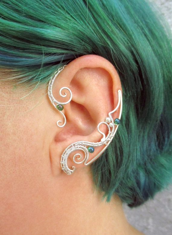 Ear Wraps Nemetres- Silver Ear Cuffs With Green Beads