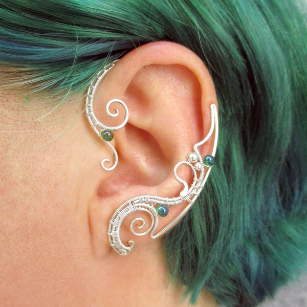 Ear wraps Nemetres- Silver ear cuffs with green beads, Single ear cuff, Earrings no piercing, Big ear crawler, Fairy cosplay costume