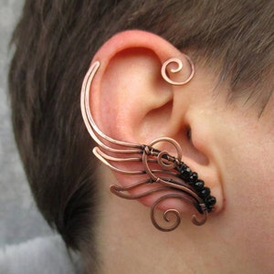 Ein Paar Kupfer Ohrmanschetten mit schwarzen Perlen Raben - Metall Flügel Ohrwickel, Einzelohrring kein Piercing, Elfen Fee Cosplay Kostüm Schmuck