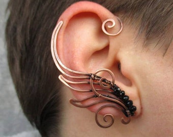 Pair of copper ear cuffs with black beads Raven - metal wing ear wraps, single earring no piercing, elf fairy cosplay costume jewelry