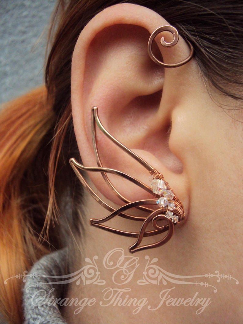 Pair of copper ear cuffs Swan - Ear cuffs - Elf earrings - Ear crawler - Ear cuff no piercing - Ear wraps image 1