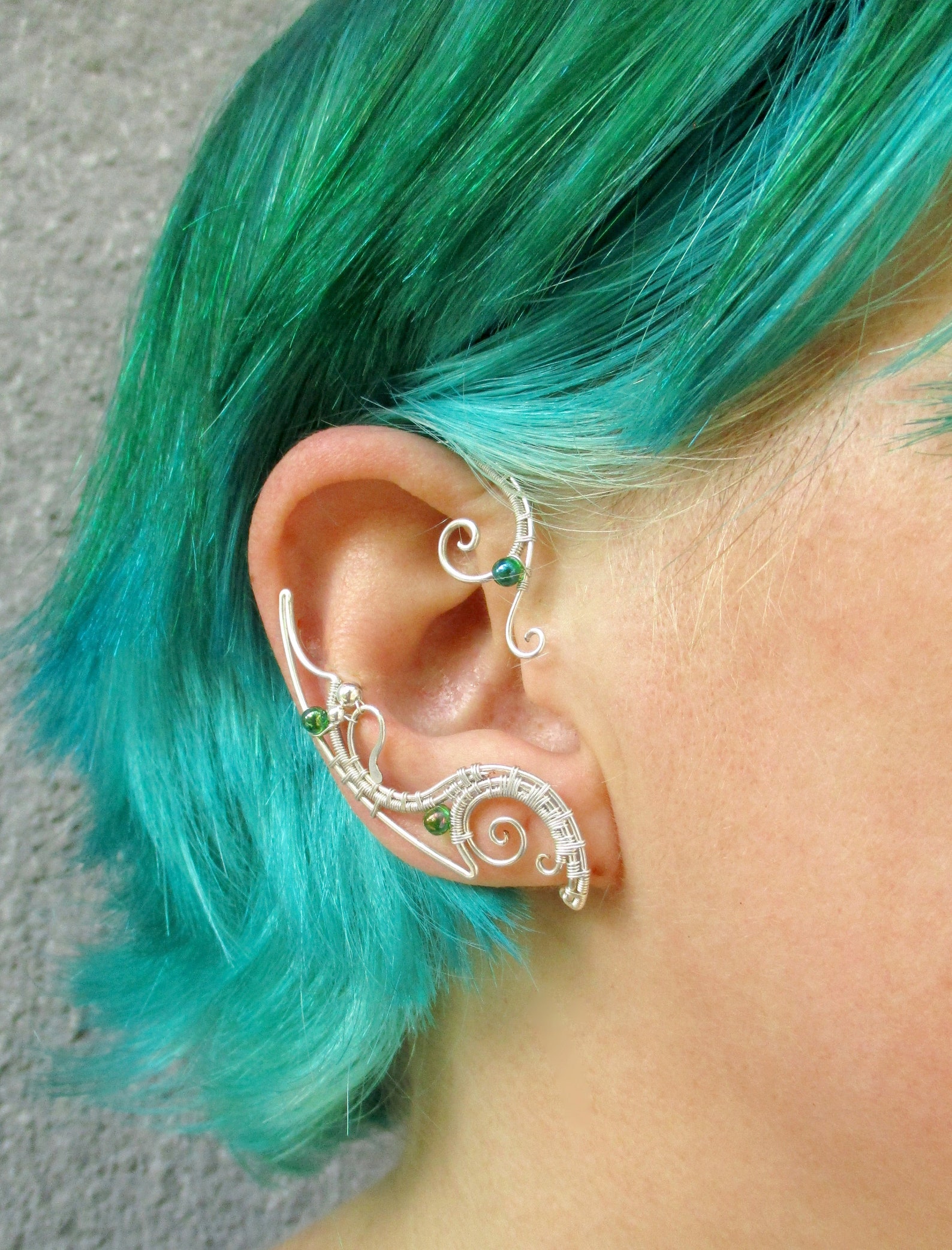 Ear Wraps Nemetres Silver Ear Cuffs With Green Beads Single Etsy