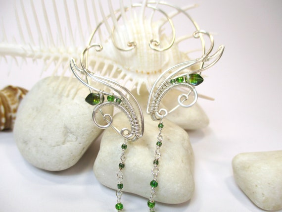 Ear Cuffs Core Extra Long Dangle Earrings No Piercings Single Ear Cuff Green Beaded Chain Ear Wraps Floral Handmade Jewelry Etsy