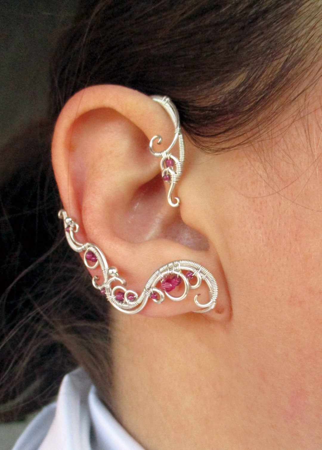 Ear Waps Pink Beaded Ear Cuffs Vine - Pink Ruby Ear Cuffs - Elf Earrings - Ear ...