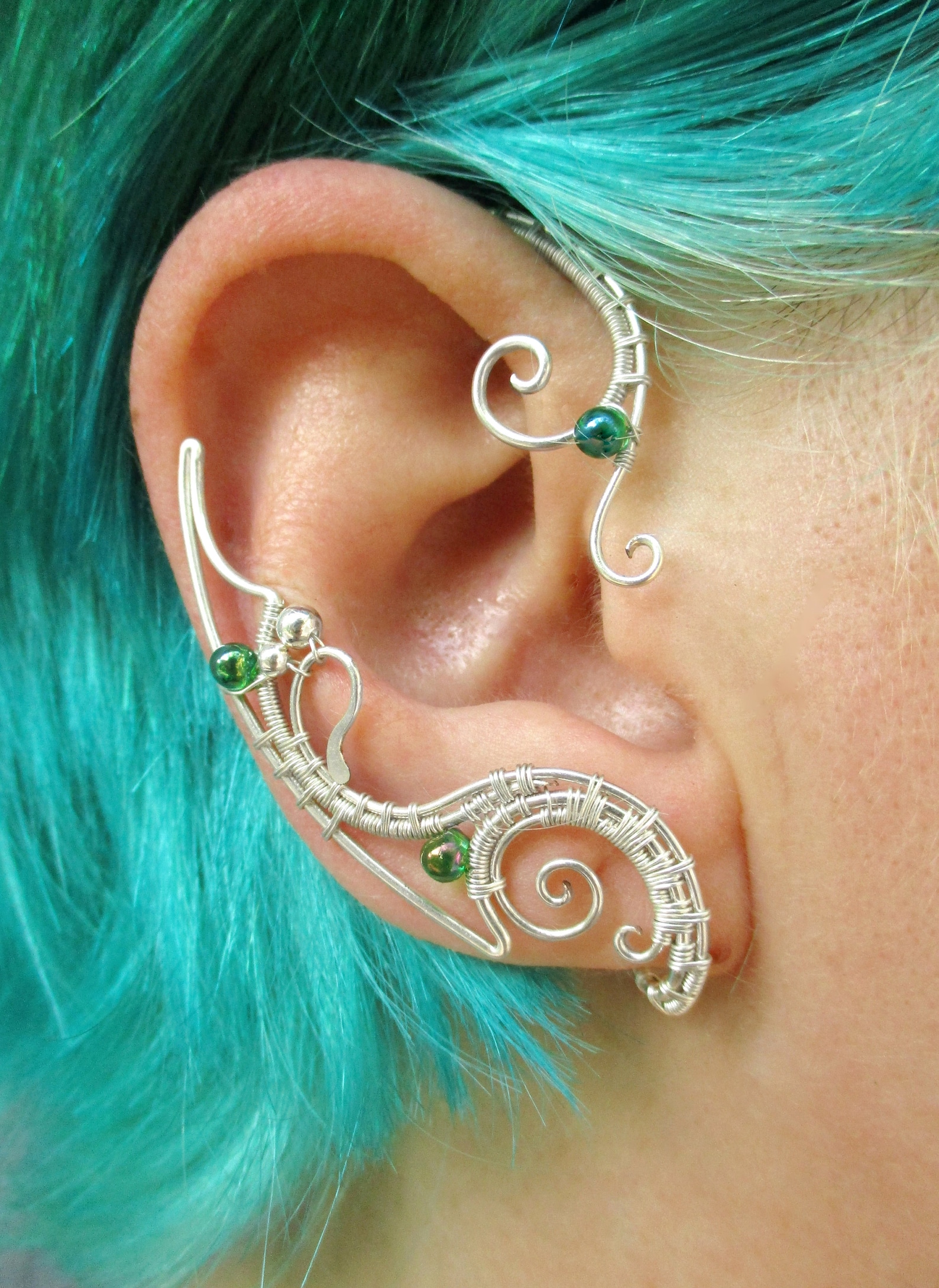 Ear Wraps Nemetres Silver Ear Cuffs With Green Beads Single Etsy