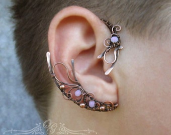 Pair of ear cuffs  My Moon Side, Copper pink beads ear wraps, single earring no piercing, handmade copper ear jewelry, elf cosplay costume
