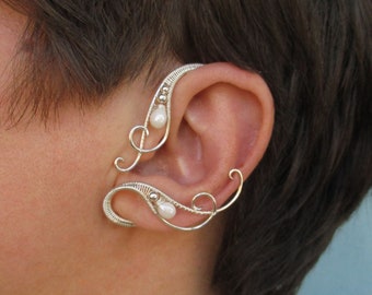 Silver Plated Ear Cuffs  Lake of Winter: White Elf Ear Wraps, No Piercing