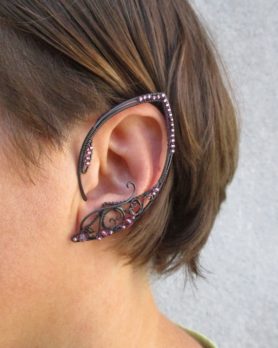 Pair of Elf Ear Cuffs Darkness Black and Purple Goth Elf Ears