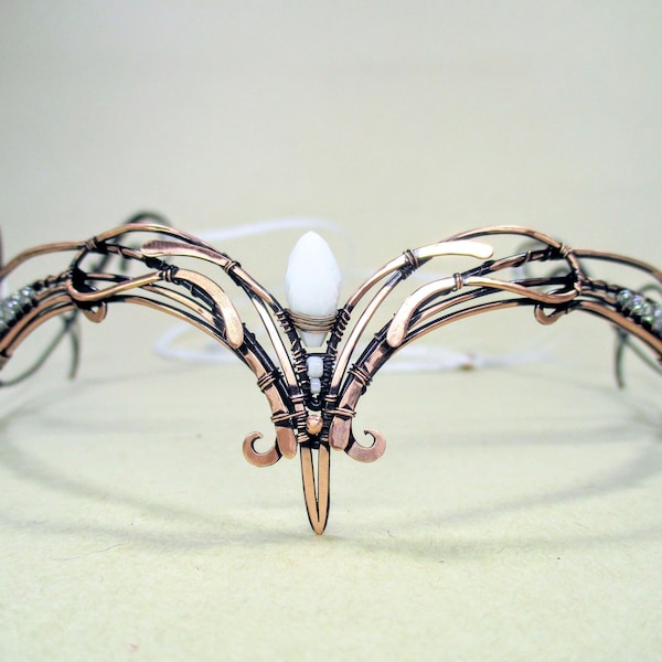 Copper circlet with white and cristal clear beads Mist  Elven crown