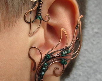 Pair or copper ear wraps Fern Flower with green crystals, floral single earring no piercing, elven cosplay accessories, fairy jewelry