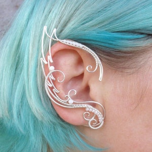 White elf ear cuffs Skadi - wire wrapped silver metal elf ears, angel wings ear cuff, single ear wrap, white fairy earrings