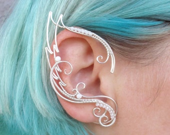 White elf ear cuffs Skadi - wire wrapped silver metal elf ears, angel wings ear cuff, single ear wrap, white fairy earrings