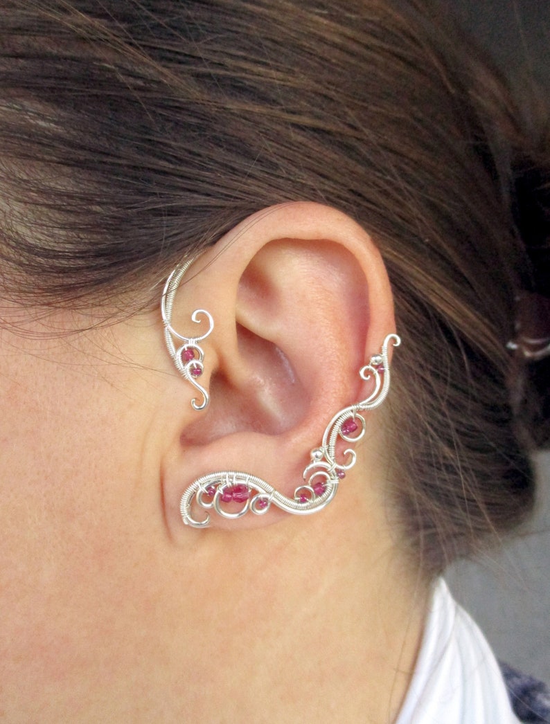 Ear Waps Pink Beaded Ear Cuffs Vine - Pink Ruby Ear Cuffs - Elf Earrings - Ear ...