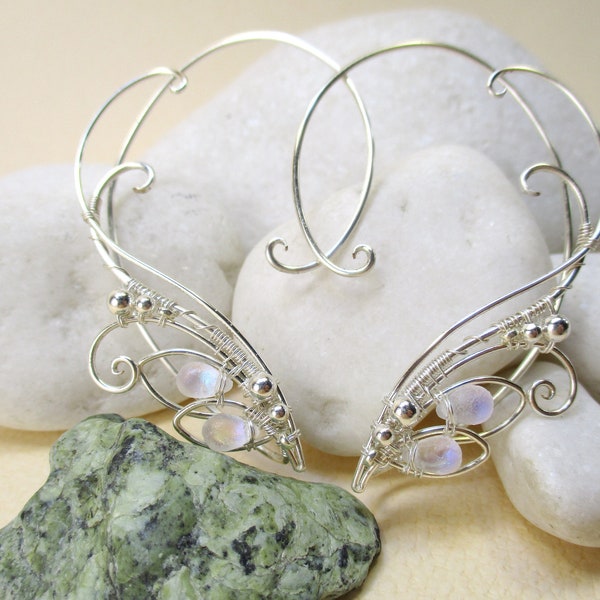 Pair of ear cuffs Theia - ear wrap with moonstone glass beads, single earring no piercing, elf costume accessories jewelry