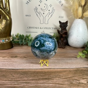Moss Agate Druzy Crystal Rock Sphere with Stand for Home Decor and Meditation