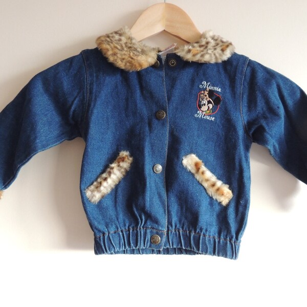 Vintage MICKEY'S STUFF for Kids Minnie Mouse Denim Blue jacket with buttons and faux fur collar, size 2T