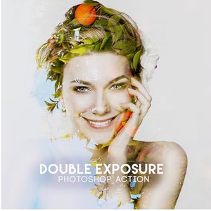 Puede incluir: Una acción de Photoshop de doble exposición con el rostro de una mujer y un diseño floral superpuesto. El texto "DOUBLE EXPOSURE PHOTOSHOP ACTION" está en la parte inferior de la imagen.
