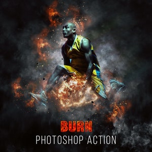 Puede incluir: Un jugador de baloncesto con una camiseta amarilla y azul salta a través de una explosión de fuego. El texto "BURN PHOTOSHOP ACTION" está debajo del jugador.