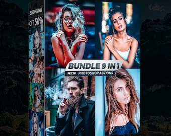 May include: A collage of nine images showcasing different photo editing styles. The images feature people with various hairstyles, clothing, and poses. The text "Bundle 9 in 1" and "New Photoshop Actions" is displayed on the collage.