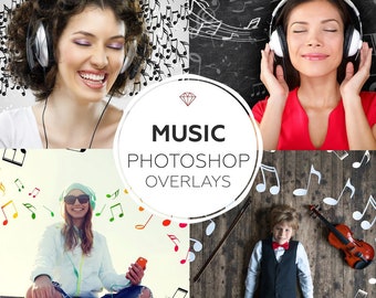 May include: Four images of people listening to music with musical notes overlays. The text "MUSIC PHOTOSHOP OVERLAYS" is in the centre of the image.