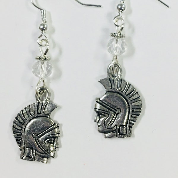 Spartan, Trojan or Gladiator charm team spirit Earrings - on sterling silver earwires with faceted clear glass crystal accent beads