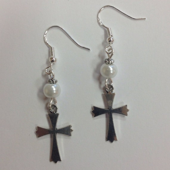 Orecchini con ciondolo a croce, a tema cristiano - su monachelle in argento sterling - Italia