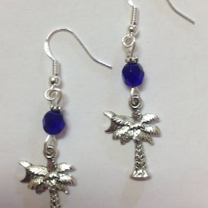 Palmetto Moon Palm Tree South Carolina Charms with Cobalt Blue Faceted Crystal accent bead-on sterling silver earwires