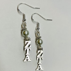 Zeta Tau Alpha ZTA Sorority Greek silver Lavaliere Pearl Earrings on Sterling Earwires