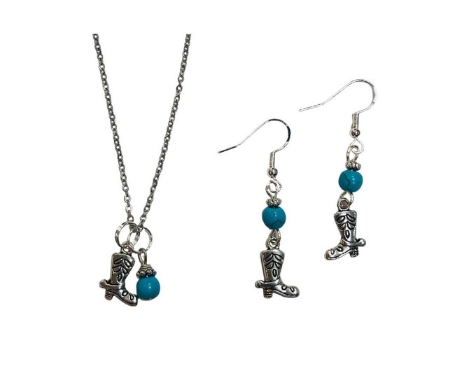 Cowboy Boot Western Necklace and Earring Set with turquoise accent beads, sterling silver earwires