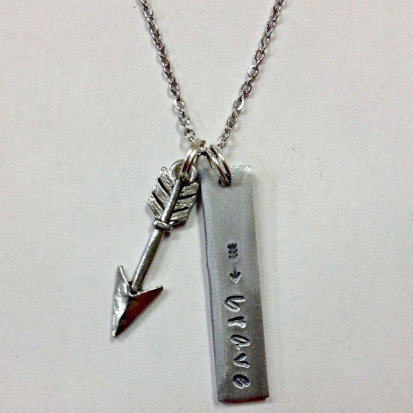 Brave Handstamped Bar Necklace with arrow charm, on an 18 inch non tarnish aluminum link chain