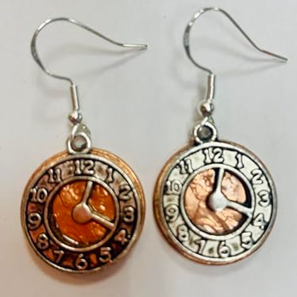 Penny Earrings with Clocks, on sterling silver earwires, USA coin jewelry