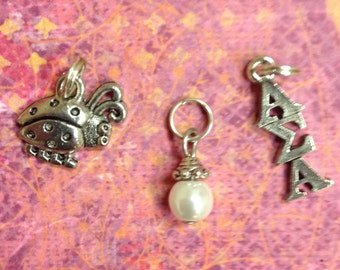 Alpha Sigma Alpha ASA Greek Sorority Charm set - mascot ladybug charm, lavaliere, & pearl dangle, officially licensed