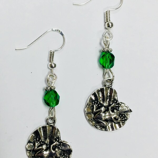 Sale!  Frog on a Lilypad Earrings - on sterling silver earwires with faceted green crystal accent beads- was 10.99, now 4.99