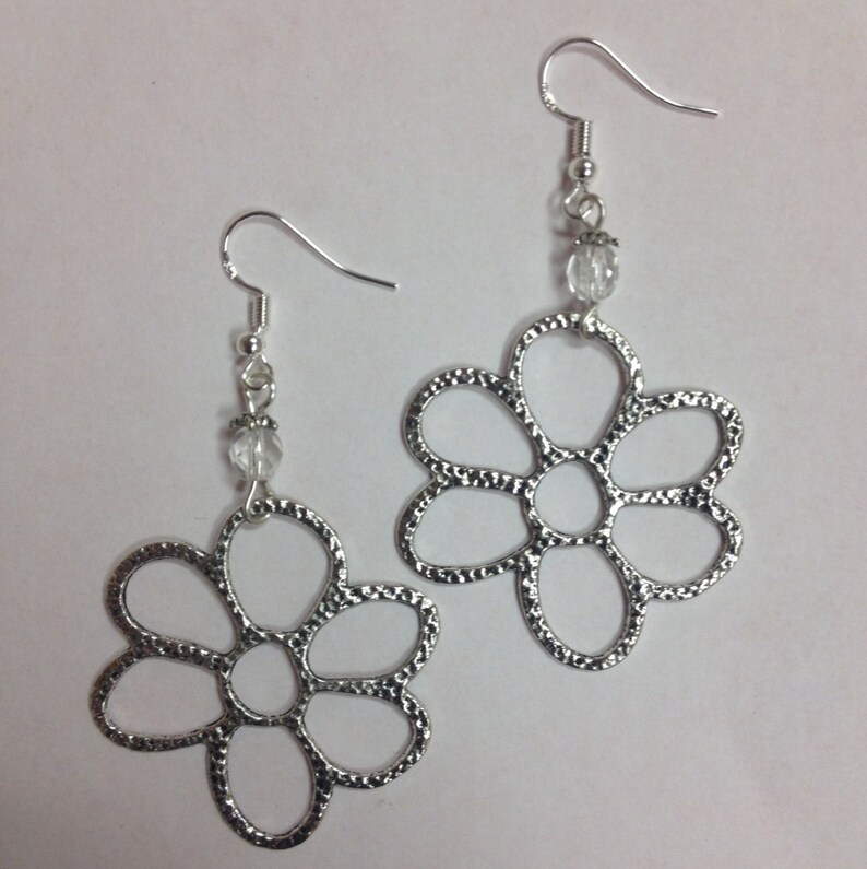 Daisy or Flower Charm Earrings With Clear Faceted Crystal Etsy