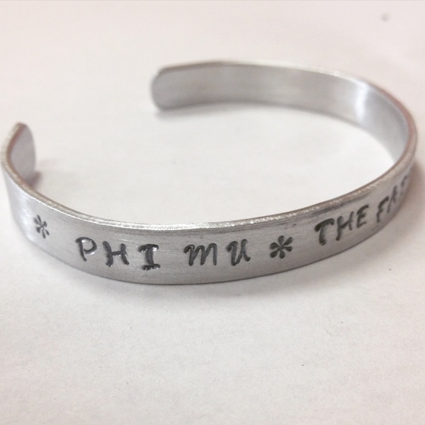 Phi Mu - the Faithful Sisters, Greek Sorority PM Handstamped Quote Cuff Bracelet, officially licensed