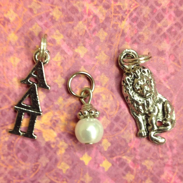 Alpha Delta Pi ADPi Sorority Charm set - mascot lion charm, lavaliere, & pearl dangle