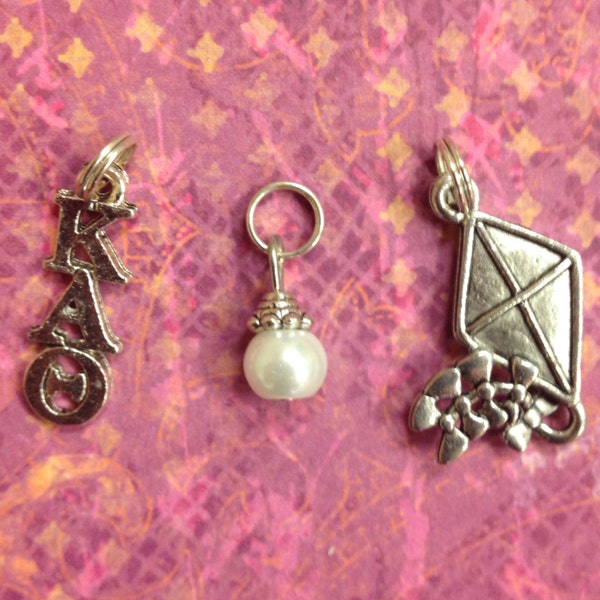 Kappa Alpha Theta KAT Sorority Greek Trio Charm set - kite mascot charm, KAT lavaliere, & pearl dangle