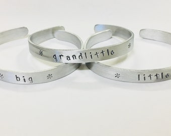 Big Little Grandlittle Greek Sorority Gift , Big Sis Lil Sis Gift, Handstamped Cuff Bracelet Set of 3 bracelets in non-tarnish aluminum